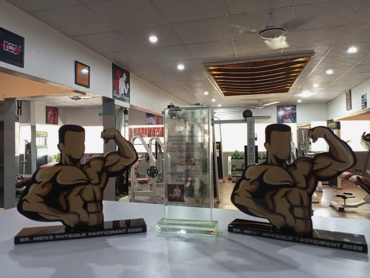 Bodybuilding trophies displayed inside the gym